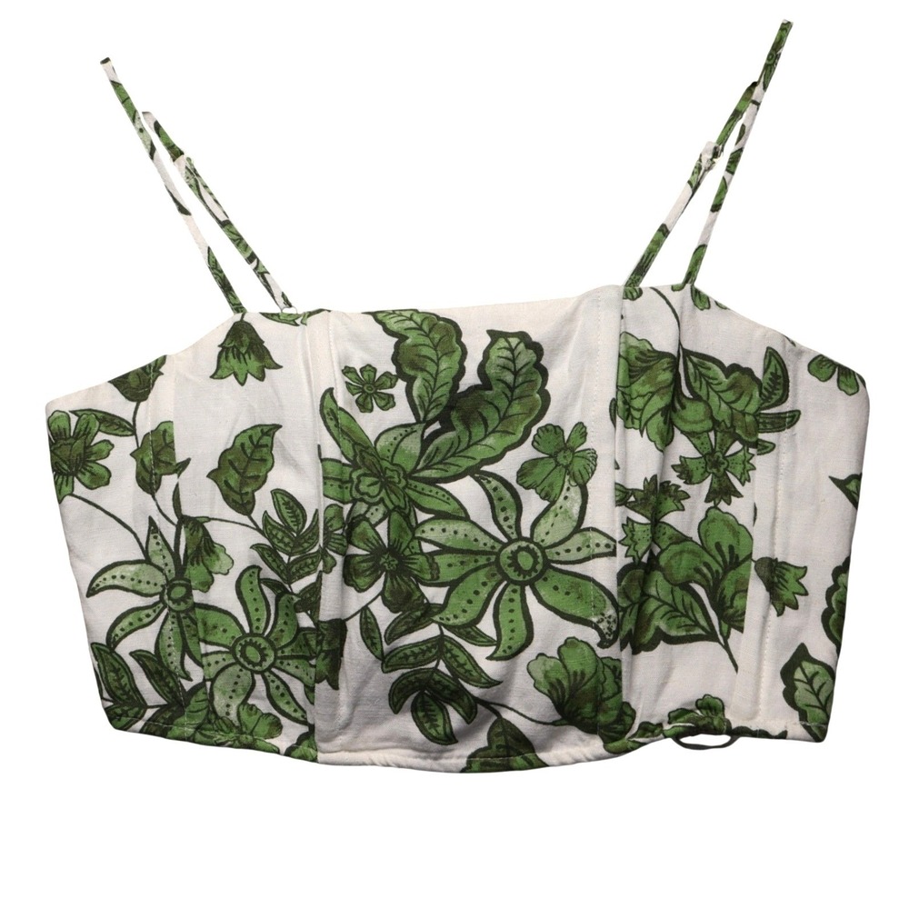 Midnight Sky Floral Smocked Corset Crop Top Green White Linen Blend L NEW Size L